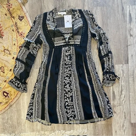 Sea New York Keely Tie-Neck Long-Sleeve Peasant Mini Tunic Dress Black Boho - Picture 13 of 15